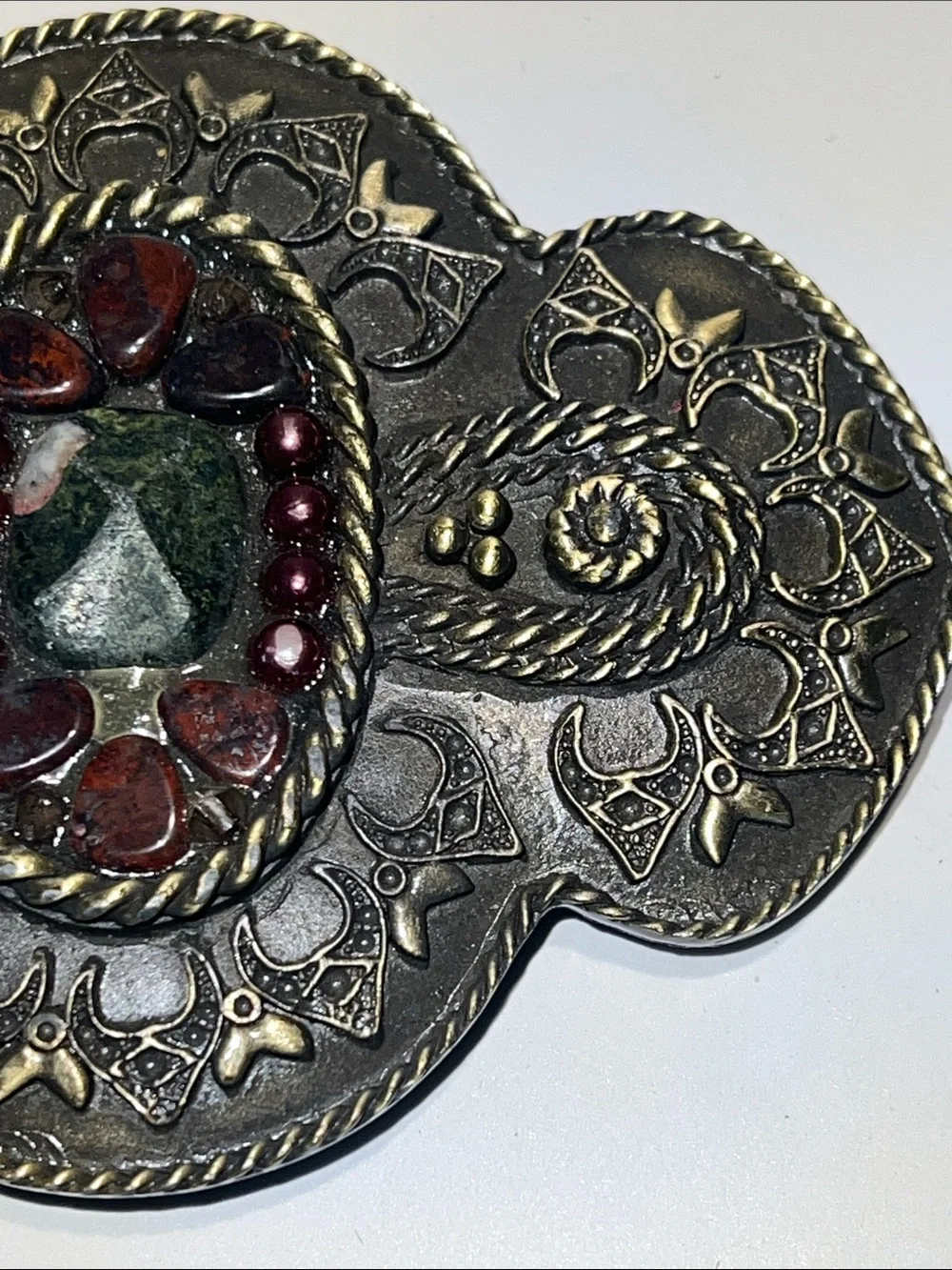 Ornate Metal Belt Buckle with Green Center and Burgundy Accents Stones